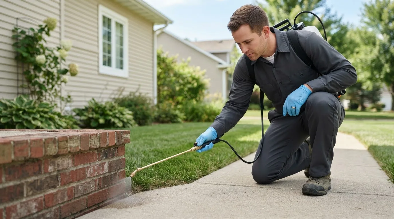 Pest control technician treating a home near Leota, MN