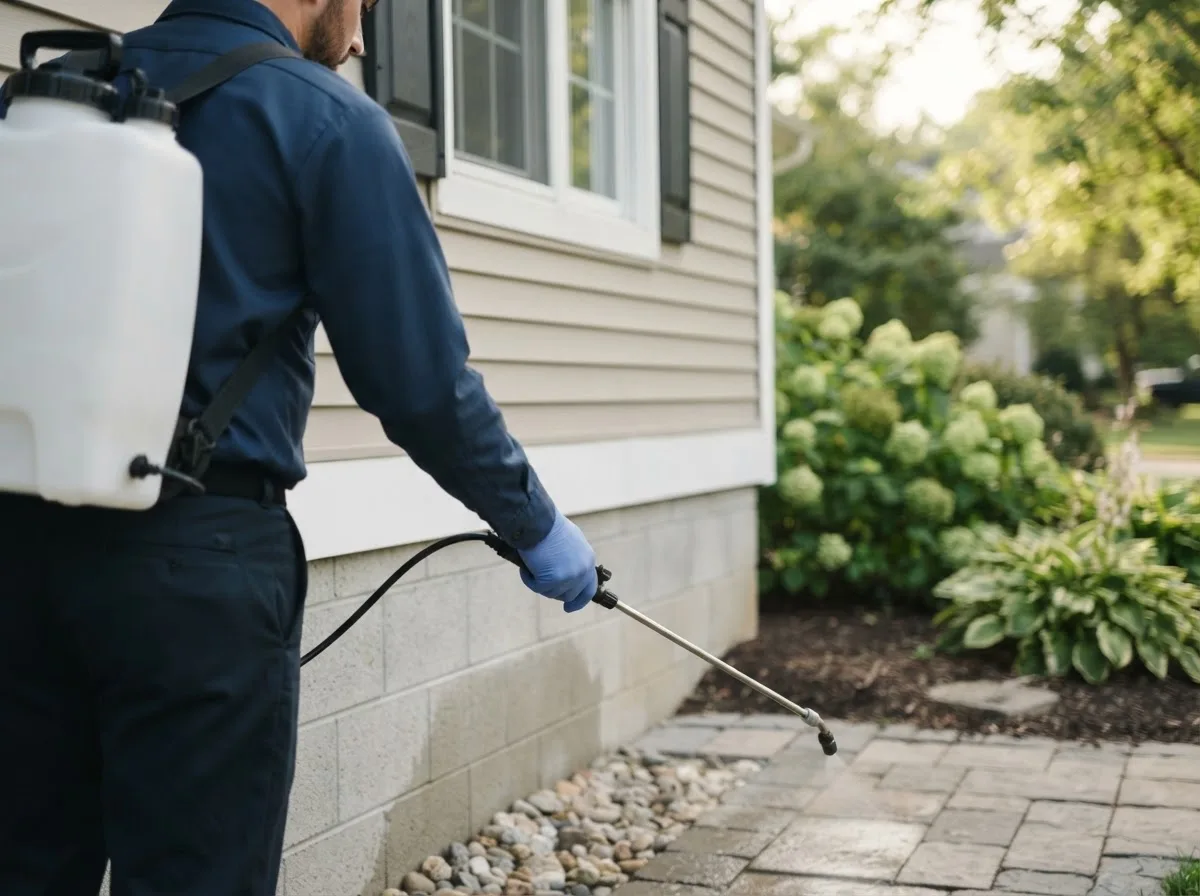 Pest control technician inspecting a home in Leota, MN